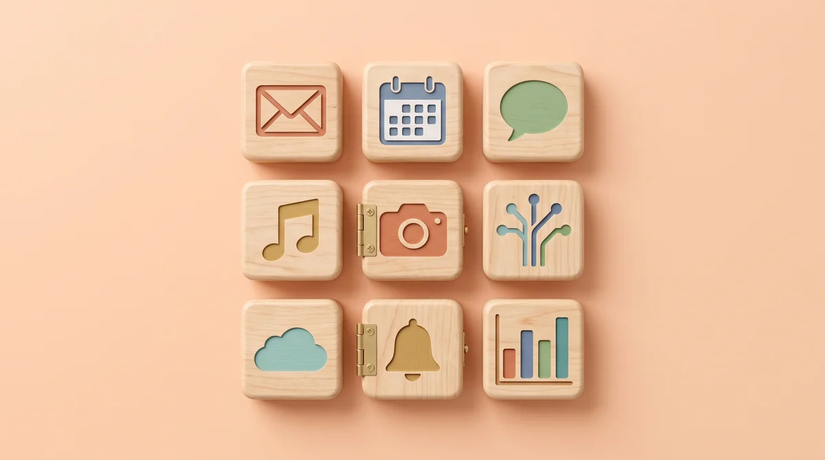 Carved wooden tiles with colorful app glyphs